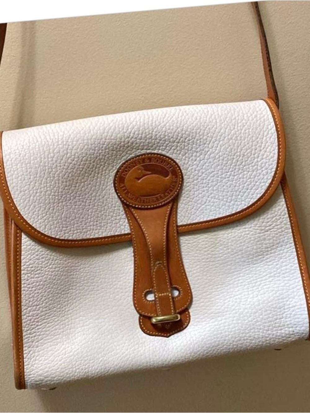 Dooney & Bourke White Pebble Leather Messenger with Brown Trim